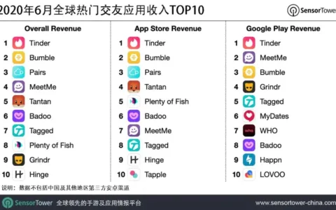 2020年6月全球热门交友应用收入TOP10