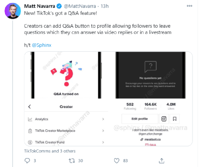 TikTok又添“问&答”新功能，以增加粉丝粘性